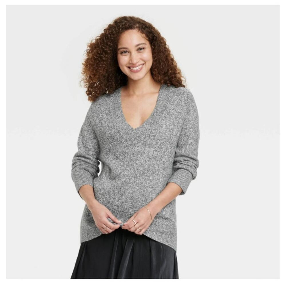 A New Day Longline V Neck Tunic Knit Sweater Grey size Medium